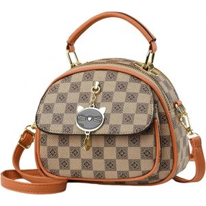 SJZG-Sac A Main Rond Femme Sacs Bandoulière Petit Sac Epaule Multipoches Sacs Portés Main En Pu Cuir Sac Crossbody Avec Chat Pendentif Kaki Avec Jaune - Neuf