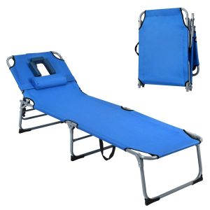 Chaise Longue Pliable 194 X 60 X 86 Cm 5 Positions R&eacute;glables Confort Ergonomique En M&eacute;tal Bleu Helloshop26 20_0011254 - Neuf