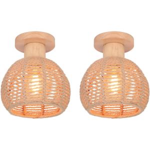 Kal-Lot De 2 Plafonnier Vintage Industrielle, E27 Lampe De Plafond Rétro, Ø20cm Abat-Jour Cage En Forme Diamant En Métal Et Corde De Chanvre, Bois Lumière Au Plafond Pour Salon Salle Chambre - Neuf