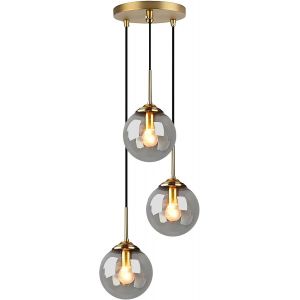 Verre Suspension Luminaire Vintage Industrielle,Plafonnier Avec Fini En Laiton Poli Lustre Suspension Lampe De Salle À Manger Cuisine Salon Chambre (Gris,Ensemble 3 En 1) - Neuf