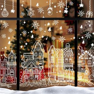 Trahoo-4 Feuilles Grandes Autocollants Fen&ecirc;tre No&euml;l R&eacute;utilisables 70x40cm, Double Face Stickers No&euml;l Fenetre Pvc Avec Renne, Sapin, Guirlande - D&eacute;corations Vitrine Pour Int&eacute;rieu, Fa&ccedil;ades En Verre - Neuf