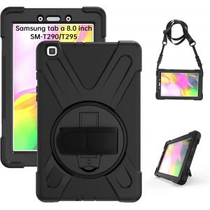 JGD-Coque Antichoc pour Galaxy Tab A 2019 8.0"" (SM-T290/SM-T295), Armure Robuste &Eacute;tui avec Support Rotatif/Dragonne/Bandouli&egrave;re R&eacute;glable, Housse pour Samsung Galaxy Tab A 2019 8 Pouces, Noir - Neuf