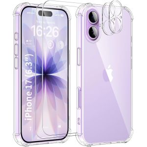 5 En 1 Coque Pour Iphone 17 6,3 Pouces Avec 2 Verre Tremp&eacute; Et 2 Cam&eacute;ra Protecteur, &Eacute;tui De Protection Antichoc Avec Coussin D'Air Int&eacute;gr&eacute; Mince Bumper Housse - Transparente - Neuf