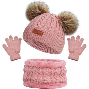 Les Enfants De L'hiver Au Chaud Chapeau Bonnet Écharpe Gants Ensemble Rose Thermique Tricot Crochet Épais Moelleux Bambin Écharpe Double Pom Pom Chapeau Bobble Avec Fausse Fourrure - Neuf
