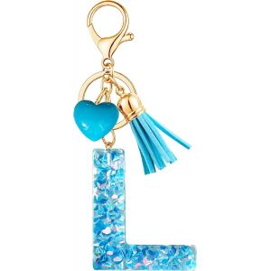 KAL-Porte-Cl&eacute;s Bleu Avec Lettre Porte-Cl&eacute;s Fille Initiale Cadeau Femmes Porte-Cl&eacute;s Coeur D&eacute;corer Pour Sac Sac &Agrave; Dos Porte-Clef Gland Or Porte-Clef Femme A-Z - Neuf
