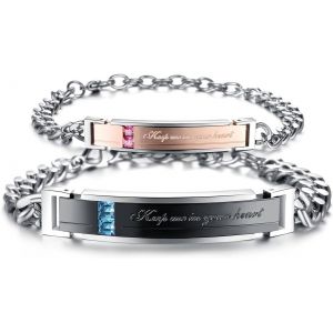 Kal-Lot De 2 Bracelets D'amiti&eacute; En Acier Inoxydable Poli Avec Inscription &laquo; Keep Me In Your Heart &raquo; Noir/Argent&eacute;/Or Rose - Neuf
