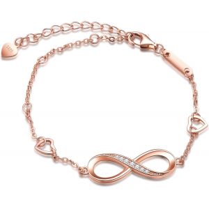Kalsw-Bracelet Pour Femme Avec Symbole De L'infini Et Coeur,En Argent 925 Incrust&eacute; De Zirconesbracelet R&eacute;glable,Cadeau De No&euml;l Ou D'anniversaire,Argent/Or Rose - Neuf