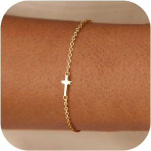 Tianyi-Bracelet Femme Or/Argent, Bracelets En Or Plaqu&eacute; 14k, R&eacute;glable Cha&icirc;ne Dor&eacute; Croix Pour Filles Femmes - Neuf