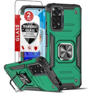 Kal-Coque Pour Xiaomi Redmi Note 11/Redmi Note 11s 4g(6.43"") Avec 2 X Verre Trempé, [Béquille 360° Rotatif] Militaire Renforcée Rigide Pc Et Tpu Silicone Protection Antichoc Etui Housse Vert - Neuf