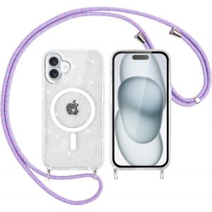 SJZG-Couqe Magn&eacute;tique Pour Iphone 16 Plus Con Cordon 6,7"", Compatible Avec Magsafe, Transparent Glitter Paillet&eacute; Antichoc Anti-Rayures Housse R&eacute;glable Collier Bumper Case Pour Iphone 16 Plus, Violet - Neuf