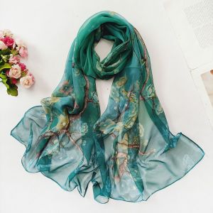 Foulard En Soie Pour Femme, Motif Fleur De Prunier, Vert, 160 × 50 Cm - Neuf