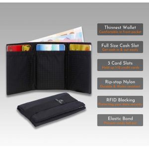 Portefeuille Homme Pour 12 Porte Carte Bancaire Et Billet - Ultra Mince Porte Feuille Slim En Tissu Nylon - Rfid Blocage Porte Carte Bancaire Anti Piratage - Bande &Eacute;lastique - Neuf