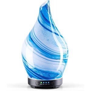 Diffuseur d'ar&ocirc;mes 100ml, diffuseur en Verre souffl&eacute; &agrave; la Main pour huiles essentielles, humidificateur ultrasonique Silencieux,7 Types de Couleurs de lumi&egrave;re LED pour la Maison (Encre Bleue) - Neuf