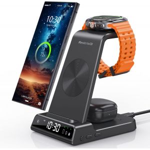 JGD-Chargeur Induction pour Samsung Galaxy S25 Ultra, Chargeur sans Fil Inductive pour Samsung Galaxy Watch Ultra/8/7/6/5, Chargeur 3 en 1 avec Horloge Digitale pour Z Fold 6/Z Flip 6 S24, Galaxy Bud - Neuf
