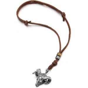 Trahoo-Vintage Tête Bélier Pendentif Collier - Homme Cordon En Cuir Collier Brun - Force Détermination Symbole - Neuf