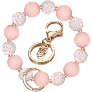 Kal-Porte-Cl&eacute;s Avec Bracelet, Porte-Cl&eacute;s Avec Perles En Silicone Et Anneau Porte-Cl&eacute;s Pour Femmes, Perles Strass Brillantes, Bracelet &Eacute;lastique Pour Porte-Cl&eacute;s - Neuf