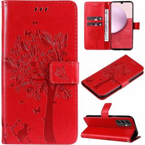 SJZG-Coque Pour Samsung Galaxy A14 5G/4G, Etui Housse Coque Cuir Avec Motif Porte Carte Portefeuille &Agrave; Rabat Magn&eacute;tique Support Flip Case Cover Antichoc Coque Pour Samsung Galaxy A14 5G/4G,Rouge - Neuf