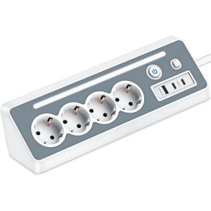 Multiprise avec USB et 2 Type-C, Prise d'angle &agrave; 4 Prises avec lumi&egrave;re LED, Protection Contre Les Surtensions 3680W 16A, Multiprise rallonge avec Interrupteur et c&acirc;ble 1.5M pour Cuisine Bureau - Neuf