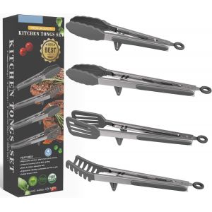 Kal-Silicone 4pcs Inox Pinces Cuisine Pince Alimentaire Professionnel Avec Verrouillage Et Support Pour Steak Barbecue Spaghetti Salade Pain Pâtisserie Buffet Sans Bpa Résistante À La Chaleur Gris - Neuf