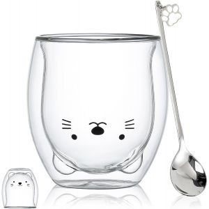 Tasse À Thé En Verre De Chat Ours Bouteille Mugs,Tasse Mignonne,Verres À Double Paroi Tasse À Café Expresso, Tasse De Lait, Anniversaire De Bureau Et Personnel (Chat).[V721] - Neuf