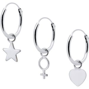 Kal-Trois Boucles D'oreilles En Argent 925 Unisex Créoles De Diamètre 12 Mm. Avec A Pendentif De Coeur Étoile Et Symbole Féminin Femme Venus - Neuf