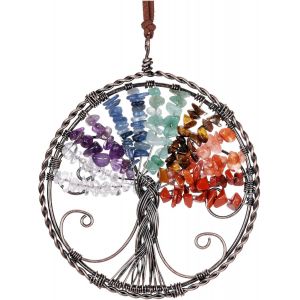 Arbre de vie suspendu Chakra Pierre D&eacute;coration suspendue avec corde Chakra Arbre de vie Ornements Fen&ecirc;tre de voiture Fait main Bronze Enroulement Chakra - Neuf