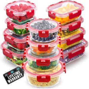 Checarzhn--No1-Zulay Lot De 12 Boîtes De Conservation Alimentaire En Verre Avec Couvercles ¿ Verre Borosilicate Durable, Hermétique, Sans Bpa, Empilables, Passent Au Micro-Ondes, Rouge - Neuf