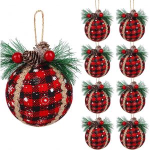 Lot de 9 boules de Noël en tissu - 8 cm, plaid noir et rouge, avec des pommes de pin et de verdure à suspendre pour arbre de Noël - Neuf
