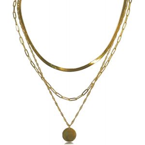 3 Pi&egrave;ces Chaine Acier Inoxydable Femme Trois Cha&icirc;nes Collier Multirang Longueur &Eacute;chelonn&eacute;e Collier Femme Pendentif Rond, Convient &Agrave; Porter Chemises T-Shirts Simples Robes &Eacute;paules D&eacute;nud&eacute;es - Neuf