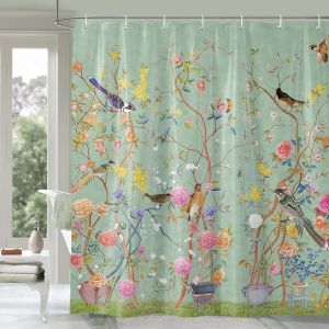 Rideau de douche vert résistant à la moisissure, imperméable, motif oiseaux et fleurs, avec 12 crochets, 180 x 180 cm - Neuf