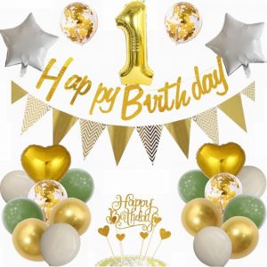 TRAHOO-Ballon 1er anniversaire décoration 1 an garçon fille vert et or décoration de fête 1er anniversaire garçon fille décoration 1er anniversaire fille décoration cadeau 1 an anniversaire - Neuf