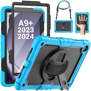 Coque Pour Samsung Galaxy Tab A9 Plus /A9+ 11 Pouces 2023, Coque Antichoc Avec Protecteur D'écran, Support Rotatif À 360°/Dragonne, Bandoulière, Avec Porte-Stylo, Noir/Bleu Clair - Neuf