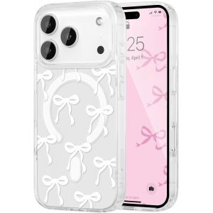 TRAHOO-Coque Magn&eacute;tique pour iPhone 17 Pro Transparent &Eacute;tui avec Recharge sans Fil, Housse de T&eacute;l&eacute;phone en Motif de Noeud Arc Papillon Antichoc Bumper Cover Case pour Filles Femme, Blanc - Neuf