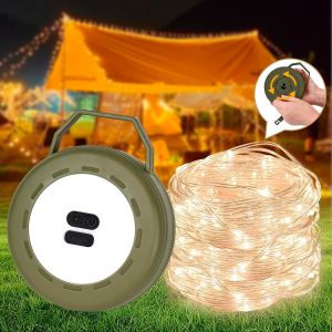 Tianyi-Guirlande Lumineuse De Camping Enroulable, Avec 6 Modes D'&eacute;clairage, Charge Usb, 10 M, Portable, &Eacute;tanche, Lampe De Camping Pour Camping, Cour, D&eacute;coration Et Randonn&eacute;e (Vert Fonc&eacute;) - Neuf