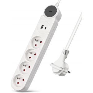 Extrastar Multiprise 4 Prises et Une Prise USB et Une Prise de Type C Chargeur,Bloc Multiprises avec Interrupteur, Rallonge 3m 230 V avec s&eacute;curit&eacute; Enfant pour Maison, Bureau, Blanc - Neuf
