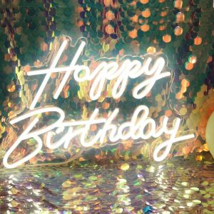 Panneau Lumineux Led N&eacute;on &laquo; Happy Birthday &raquo; - D&eacute;coration D'anniversaire - Usb - Blanc - 42 X 31 Cm - Neuf