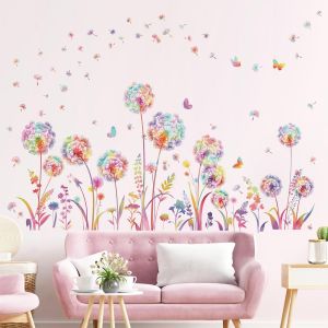 Stickers Muraux Fleurs de Pissenlit Coloré Autocollant Mural Floral Plantes Papillon Décoration Murale Chambre Enfants Bébé Fille Salon - Neuf