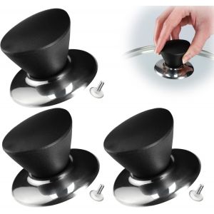 Lot De 3 Poign&eacute;es De Couvercle Ignifuge En Plastique Et Acier Inoxydable,Poign&eacute;es Universelles Pour Couvercle De Casserole,Bouton De Couvercle En Verre Noir Mat - Neuf