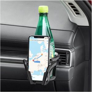 LORANKA-Porte Gobelet Voiture, Support de T&eacute;l&eacute;phone Portable 2 en 1 de Voiture, Tasse de Boisson, R&eacute;glable Porte-Bouteille Support Canette, pour Grille D'a&eacute;ration de Voiture, Camion(Noir/Argent) - Neuf