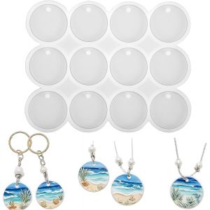 Moules En Silicone Pour Bijoux, 12 Moule Resine Epoxy Bijoux 3,4 Cm Rond Avec Trous Coul&eacute;e Moule Fabrication De Porte Clef Pendentif Clip Pendentifs Colliers Bijoux Bricolage Artisanat D&eacute;corer - Neuf