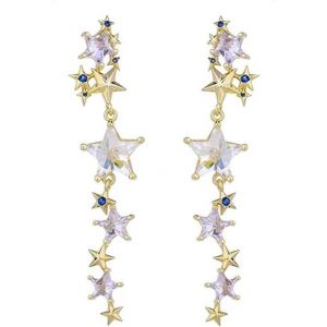 Kal-Boucles D'oreilles Longues En Forme D'&eacute;toile En Cristal Pour Femmes Et Filles En Argent Sterling 925 Plaqu&eacute; Or 14 Carats Pompon En Cz Bijoux Cadeaux D'anniversaire De Mariage - Neuf