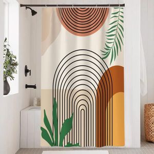 CHENG-Rideau Douche Anti Moisissure, Rideau de Douche Terracotta 120x200cm Abstrait Feuilles Vert Lignes Noir Rideaux de Baignoire Tissu Lavable Imperm&eacute;able Rideaux Salle de Bain avec 8 Crochets - Neuf