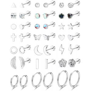 21pairs Petites Boucles D'oreilles Femme Acier Chirurgical Boucles D'oreilles Cartilage Hypoallergénique Étoile Lune Cz Boucles D'oreilles Créoles Argent Piercing Clou D'oreille En[Bou9241315] - Neuf