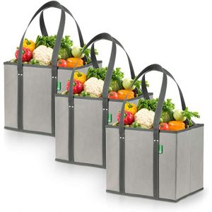 Cr&eacute;atrice Vert De Vie Des Sacs D'&eacute;picerie R&eacute;utilisables (Pack De 3) - Robuste, R&eacute;utilisable En Forme De Bo&icirc;te De Sacs &Agrave; Lever, Rester Ouvert Et &Agrave; Pli Plat - Grand Fourre-Tout Sacs Avec De Longues Poign&eacute;es Et Fond Renforc&eacute; (Gris) - Neuf