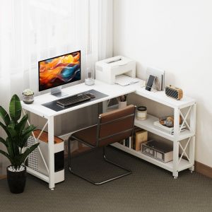 Bureau D'angle R&eacute;versible &Eacute;tag&egrave;re De Rangement Cadre En M&eacute;tal Blanc - Neuf