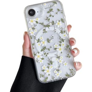 Ayu-Coque Magnétique Pour Iphone 16e, Étui Souple Transparent Avec Motif Fleurs [Compatible Avec Magsafe Charge Sans Fil], Coque Résistant Pour Iphone 16e 6,1""- Grande Fleurs Blanche - Neuf