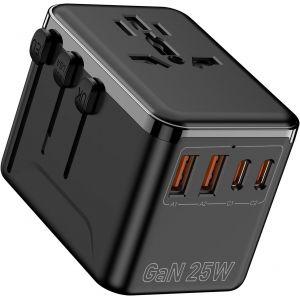 Adaptateur de Voyage Universel Voyages dans Le Monde Entier avec 2 connecteurs USB-A + 2 connecteurs USB-C, Chargeur Rapide de 25W, Compatible avec Les &Eacute;tats-Unis/Royaume-Uni/Union (Noir) - Neuf