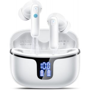 Ecouteurs Bluetooth Sans Fil, Écouteurs Bluetooth 5.3 Avec 4Enc Antibruit Mics, 40 Heures Oreillette Hifi Stéréo, Ip7 Étanche Casque Bluetoot H Sans Fil, Avec Écran Led/Usb-C Blanc - Neuf