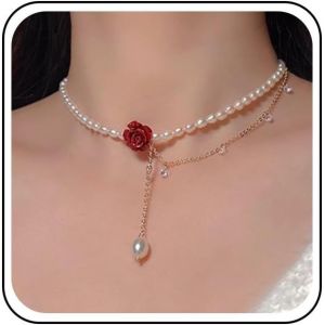 Kales-Collier Lariat En Perles Roses Collier Ras Du Cou En &Eacute;mail Rouge Collier Ras Du Cou En Perles Cristal Dor&eacute; Collier Pampille Bijoux Pour Femmes Cadeaux - Neuf