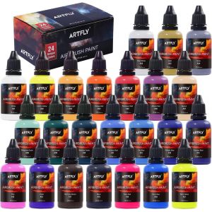 Kaojl-Peinture Acrylique Set 24 Couleurs/30ml Pour Aérographe Airbrush Paint Comprenant Couleurs Métalliques Et Néons,Prete A L'emploie Non Toxique Pour Métal,Modèles,Papier - Neuf